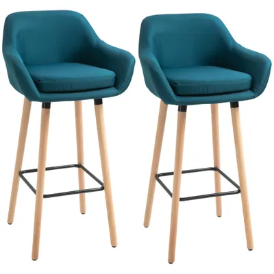 HOMCOM Taburete de Bar Design scandinav - Set de 2 Taburete de Bar Grand Confort cu Suport pentru Picioare și Cotiere - Lemn masiv Lână albastră | Aosom Romania