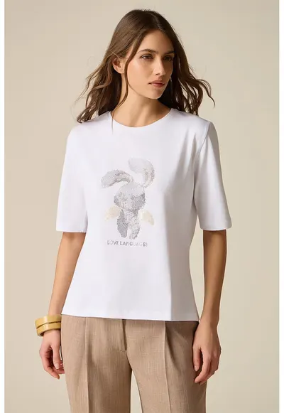 Tricou cu decolteu la baza gatului si imprimeu grafic - Alb/Gri