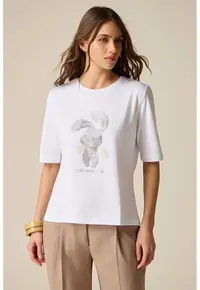 Tricou cu decolteu la baza gatului si imprimeu grafic - Alb/Gri