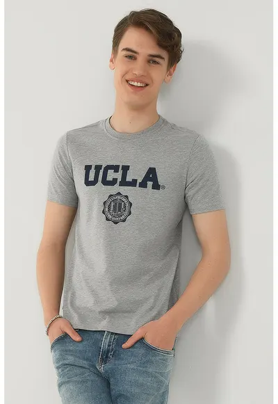 Tricou cu imprimeu logo Gayley - Gri melange/Bleumarin