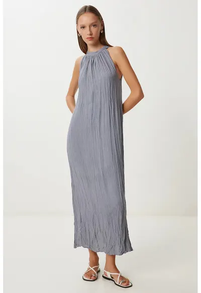 Rochie Midi - Happiness Istanbul - Gri - Texturata - Guler Halter - Bumbac-Elastan