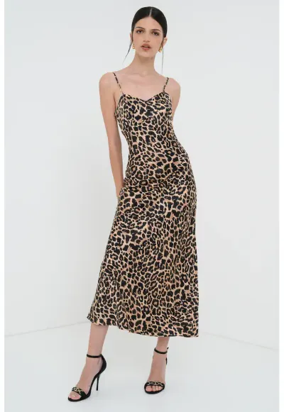 Rochie midi de satin - Negru/Maro deschis