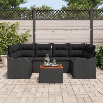 Set canapea de gradina Gossi de 7 piese cu perne negru ratan poli acacia, canapea de gradina Gossi pentru doua persoane cu depozitare & perne negru ratan poli