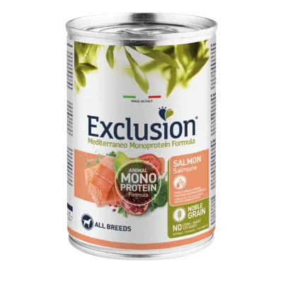 EXCLUSION Mediterraneo Monoprotein Formula, XS-XL, Somon, conservă hrană umedă monoproteică câini, (pate), 400g