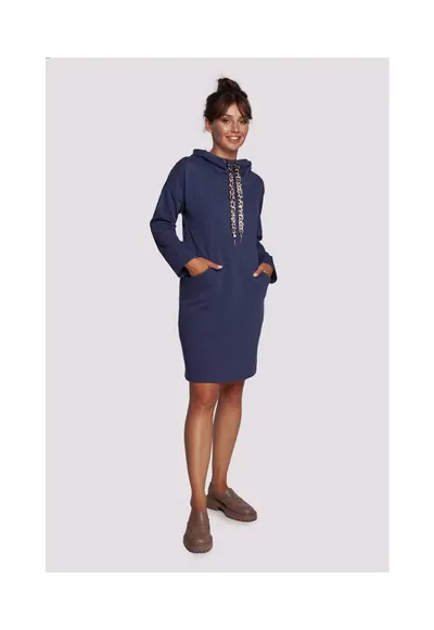 Rochie cu gluga din bumbac - culoare kaki - Albastru