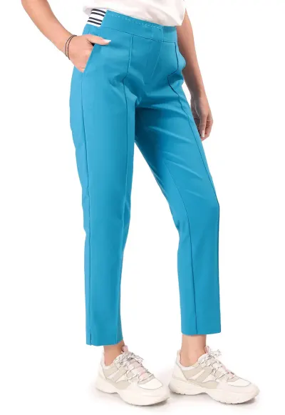 Pantaloni eleganti din bumbac elastic cu banda elastica decorativa P3J-PIT - Turcoaz