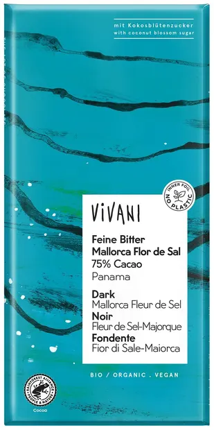 Ciocolată neagră organică cu sare de mare, 75% cacao, 80 g, Vivani