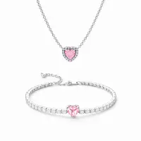 Set bijuterii Colier si Bratara Pink Heart Cu Argint