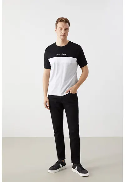 Tricou din bumbac cu model colorblock - Negru/Alb optic