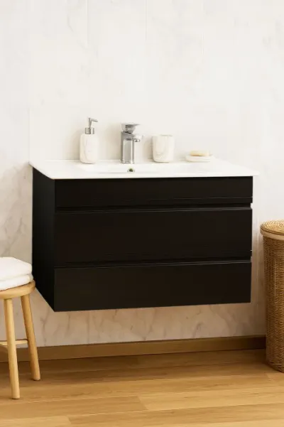 Set Baza front MDF si Lavoar seria 086, suspendata, cu sertare, montat, 80 cm, negru