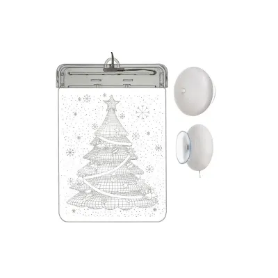 Ornament Craciun LED, vitraliu brad 3D pentru fereastra, 6 LED-uri alb cald, 17x11,5x1,5 cm