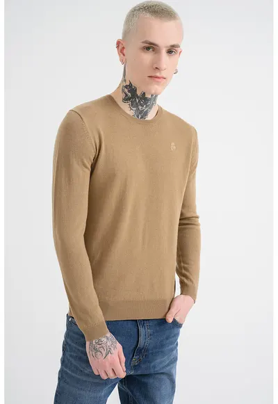 Pulover din lana cu decolteu rotund - Maro camel