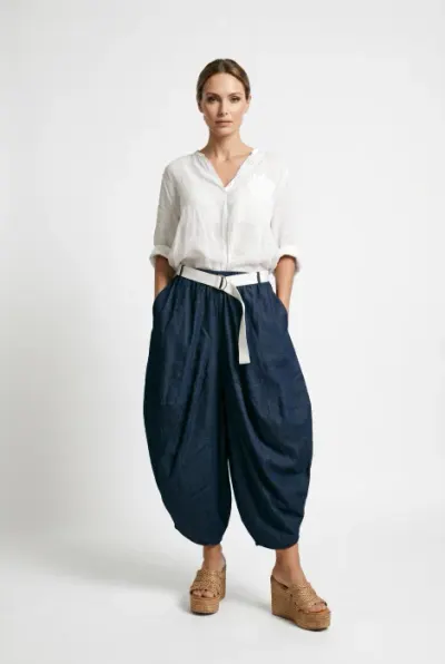 Pantaloni din denim subtire cu snururi laterale si croi balon oversize, bleumarin