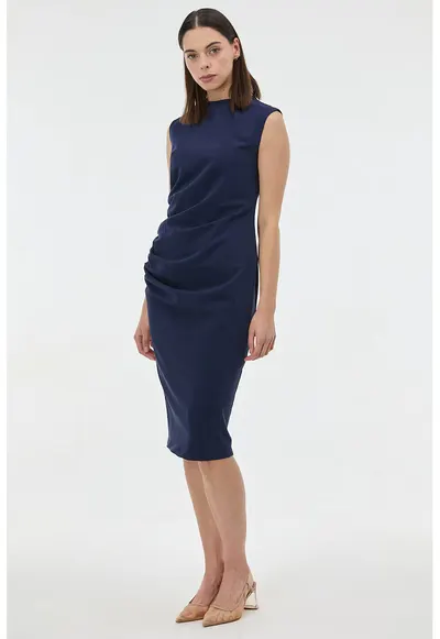 Rochie midi fara maneci cu detaliu drapat - Albastru ultramarin