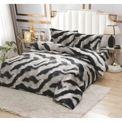 Lenjerie pat dublu, Super Pufoasa COCOLINO,cu ELASTIC, 4 piese, Gri, Negru, Zebra