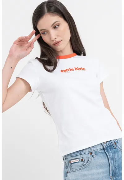Tricou slim fit cu imprimeu logo - Alb/Portocaliu