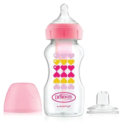 Dr. Brown's Wide-Neck Options+ Transitional Bottle, Pink Hearts, 270 ml
