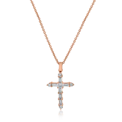 Lant cu pandantiv cruce din aur roz cu diamante baguette, princess si rotunde de 0.4ct