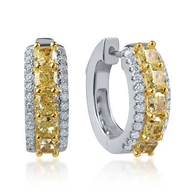 Cercei din aur alb-galben cu diamante galbene cushion si incolore de 2.2ct