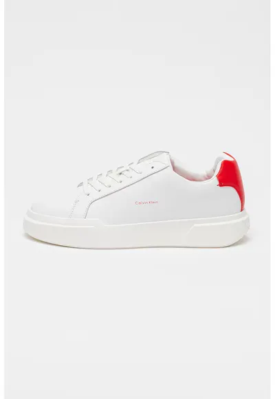 Pantofi sport low-cut de piele cu logo - Alb optic/Rosu vermillion