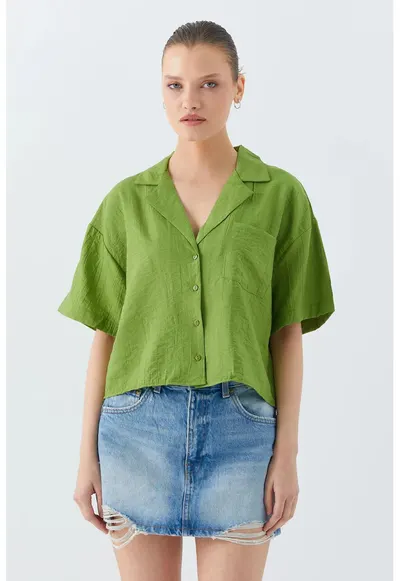 Camasa crop - croiala lejera - verde masliniu - textil