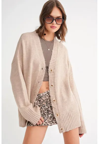 Cardigan - tricotat - guler in V - cu nasturi - bej natural