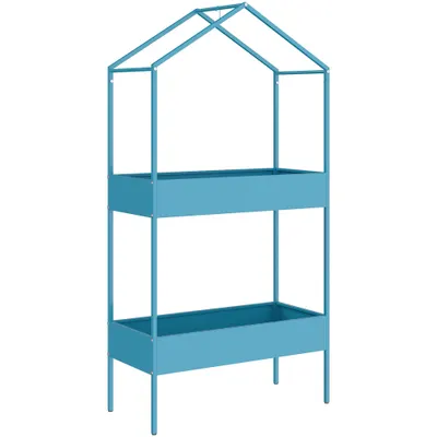Outsunny Suport Ghivece pe 2 Niveluri din Metal în Formă de Casă, Raft pentru Plante cu Cârlig pentru Interior și Exterior, 75x35x150 cm, Verde Albastru | Aosom Romania