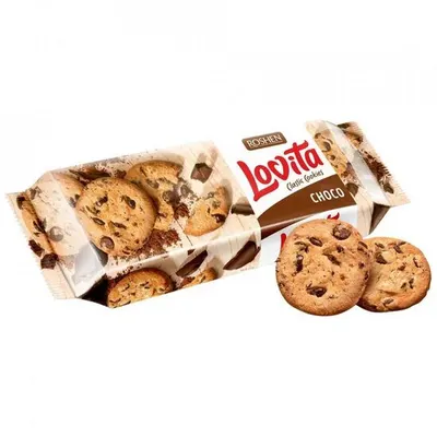Biscuiți cu Bucăți de Glazură de Ciocolată Roshen Lovita, 150g – Pachet En-gros