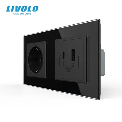 Priza dubla Schuko + USB tip A si tip C, cu rama sticla Negru