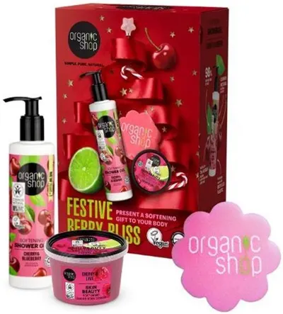 Set Organic Shop Festive Berry Bliss – gel de duș și scrub, 280 + 100 ml + burete
