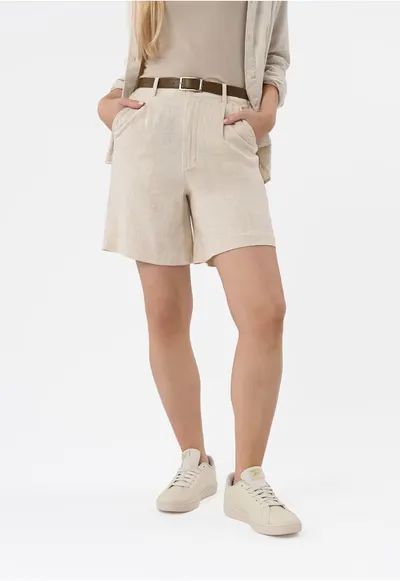 Pantaloni scurti dama din amestec de viscoza si in - cu cordon - croiala lejera - buzunare frontale - P-Elys - bej - Bej