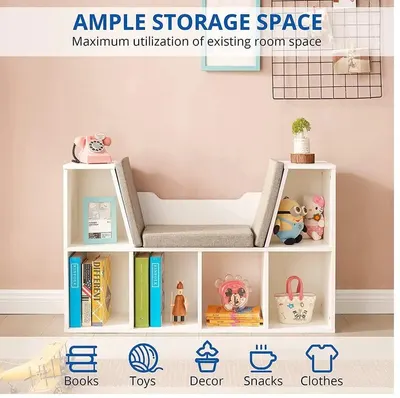 Bancuta multifunctionala Ginger Home Cozy Castle BrownWhite,cu 6 compartimente de depozitare,pernute cu husa detasabila cu fermoar,dimensiune 112 x 28 x 61 cm