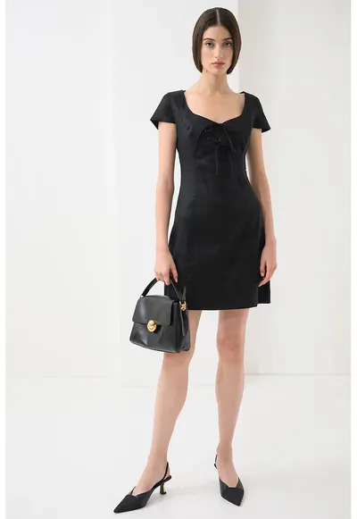 Rochie mini cambrata din amestec de in - Negru