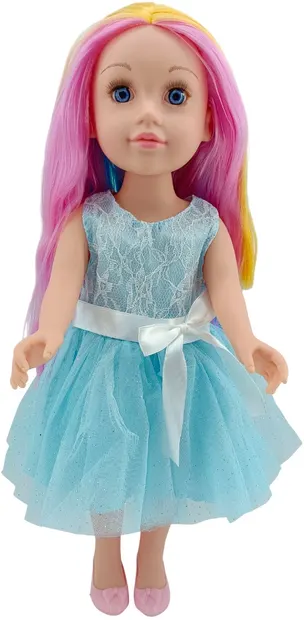 Păpuşă Moni Toys - Darling Doll, cu părul colorat și o rochie albastră, 46 cm