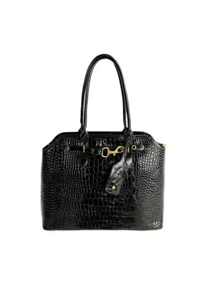 Geanta de dama din piele naturala lacuita FL57 Arla - geanta mare eleganta - Negru - 42x31x13 -5