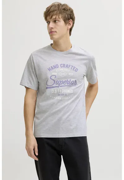 Tricou din amestec de bumbac cu imprimeu text - Gri deschis melange