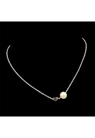 Colier Argintiu Heart + Pearl - lungime 40cm + 5cm - aliaj metalic