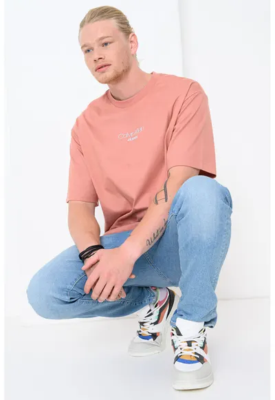 Tricou lejer cu imprimeu logo - Roz somon