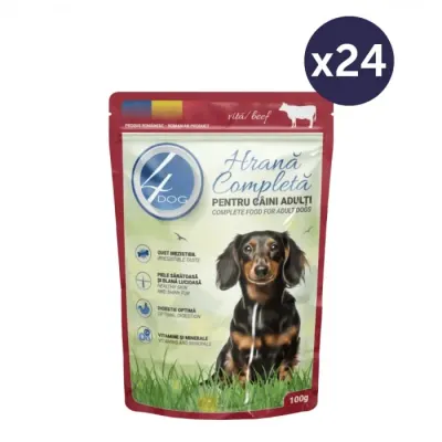 Set 24 buc x 100 gr Hrana umeda pentru caini 4Dog Mini Adult cu vita