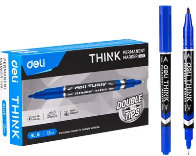 Marker permanent Deli Think - EU211, dublu vârf, albastru