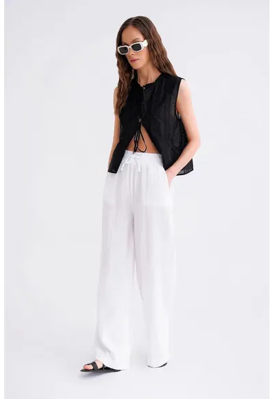 Pantaloni dama - High Waist Texturati - Alb - Textil