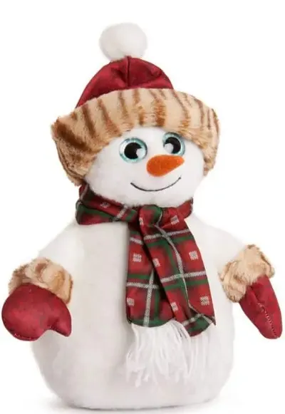 Jucărie de pluș Amek Toys - Om de zăpadă cu pălărie roșie și eșarfă, 23 cm