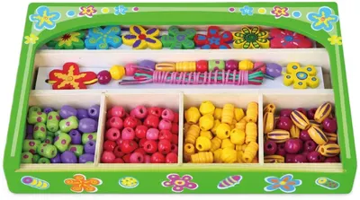 Set din lemn Viga - Mărgele șir într-o cutie, Flori