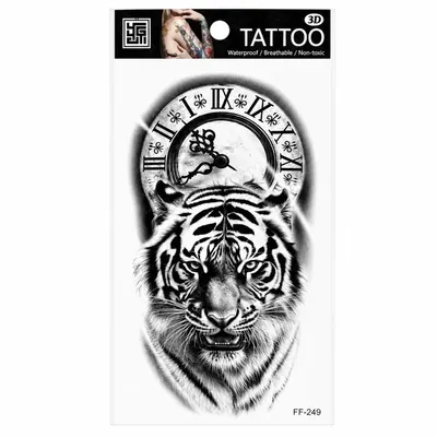 Tatuaj Temporar Semipermanent Tigru și Ceas Vintage – Design Realist Black & Grey, 18 cm