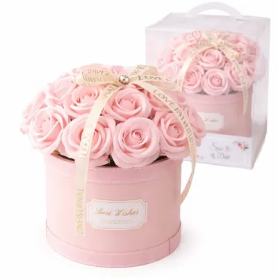 Flower box 21 trandafiri parfumați din săpun, cutie transparentă cu mâner, cadou elegant pentru femei, roz, BUK08R