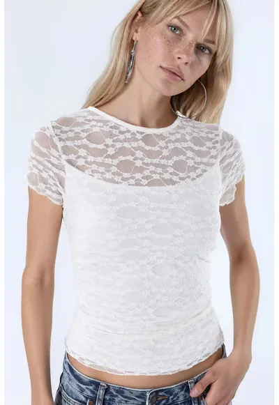 Tricou dama - dantela tricotata - slim fit - alb - captusit