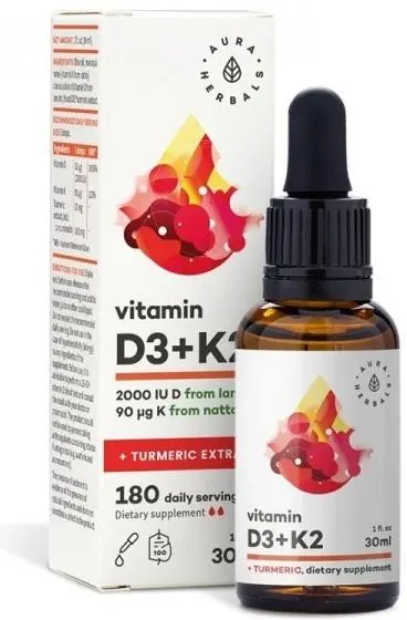 Vitamina D3 + K2 + Turmeric, picături, 30 ml, Aura Herbals