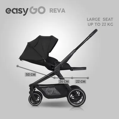 Carucior 2 in 1 pentru copii Easy Go Reva EbonyBlack, pana la 22 kg, piese reversibile, copertina XXL, accesorii incluse