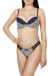 Set sutien cu chilot, imprimeu leopard, bleumarin (Marime chilot: L, Marime cupa: 80A)