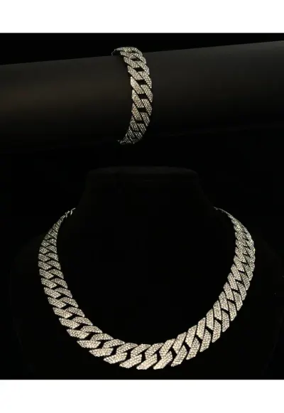 Set Colier si Bratara Cuban Diamond - 14K aur alb - dimensiuni 50x20cm - cristale Zirconia